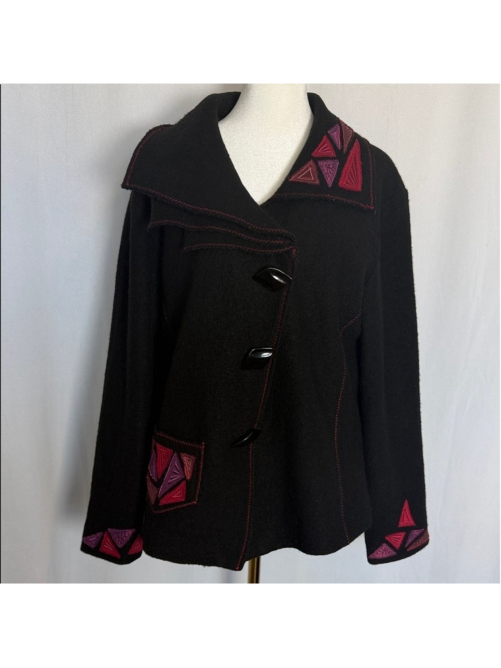 Vintage Carson Wool Jacket Black Jacket Size L Lagenlook Pink Accents Boho